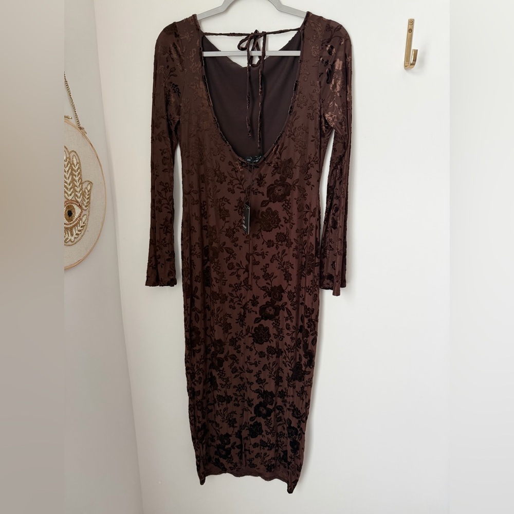 See you Monday velvet floral Brown long sleeve maxi open back Dress
